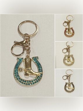 Rhinestone Western Cowboy Boot Horseshoe Key Chain Bag Charm - Bling - NWT